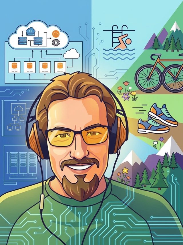 Illustrated portrait of Alirex: a smiling man with a beard, glasses and wooden headphones, with a cloud architecture diagram on one side and swimming, cycling, running and mountains on the other.